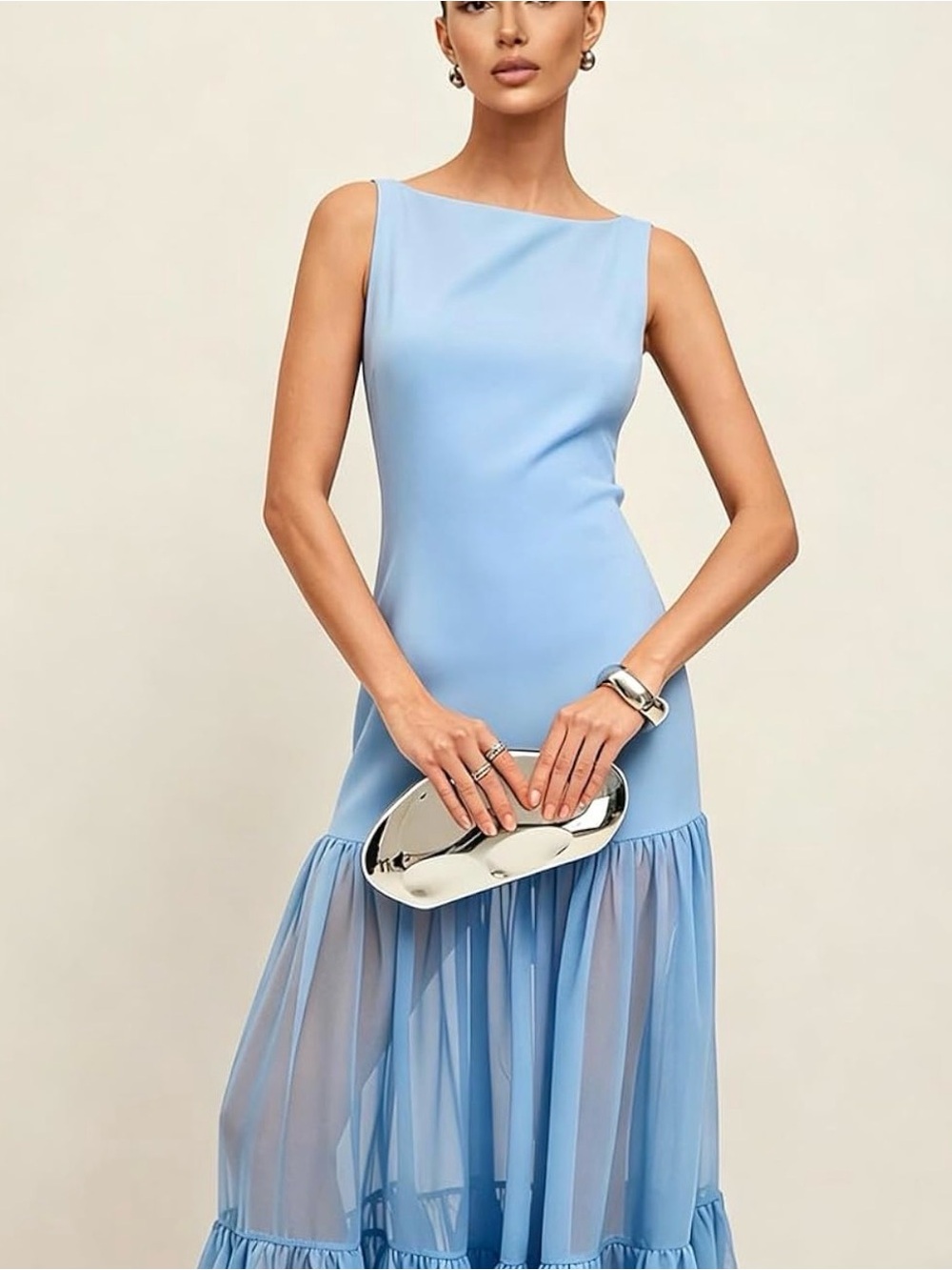 Mesh Sheer Backless Maxi Dress Boat Neck Sleeveless Elegant Sexy Tie Strap Dress